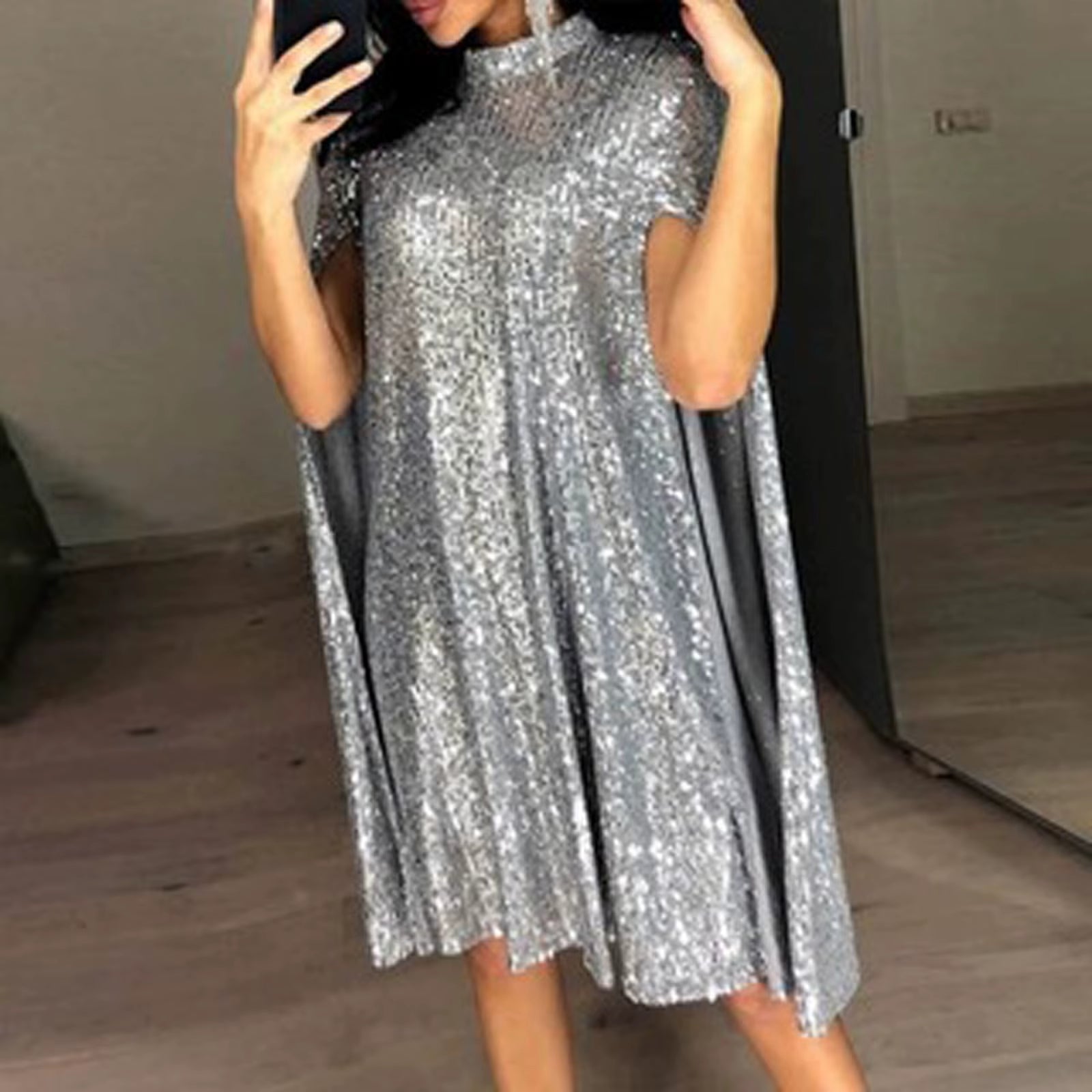 Sequin Party Dresses for Women 2024 Golden Elegant Cloak Sleeve Patchwork Loose Evening Dress Silver Sexy Club Vestidos Female