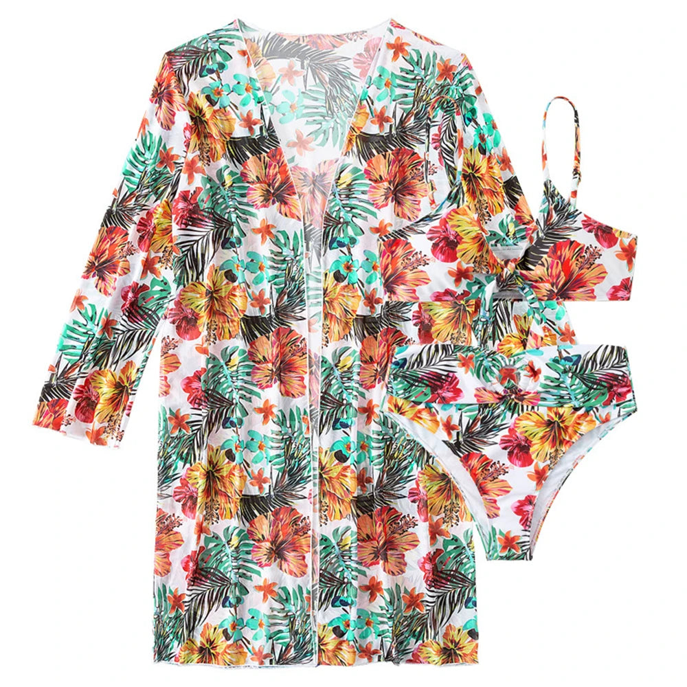 Bikini 2025 Women 11 Colors Sexy High Waist Bikini 3 Pieces Floral Print Swimsuit with Mesh Long-Sleeved Blouse Brazilian Bikini