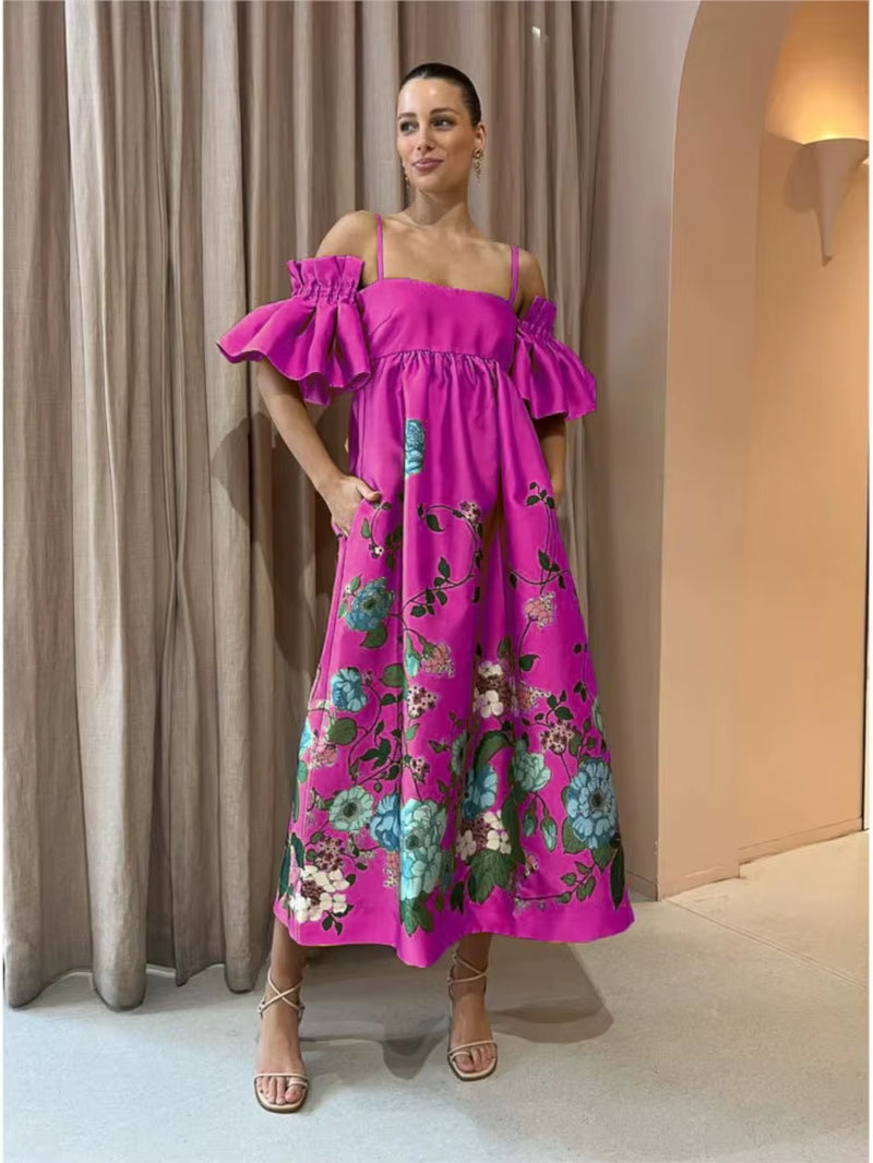 SoleVibe™ 2024 One-Shoulder Vintage Print Dress – Sexy Halter, Hidden Pockets, and Elegant Summer Party Vibes