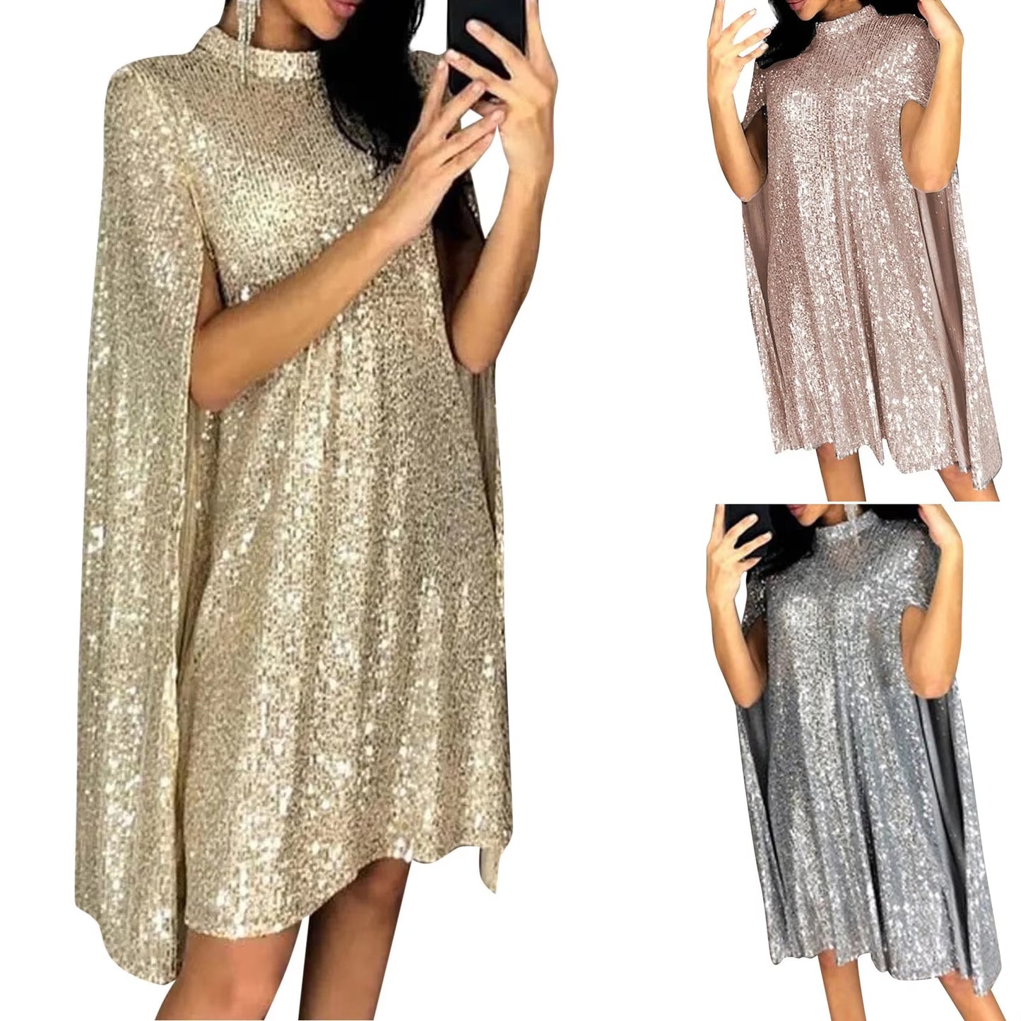 Sequin Party Dresses for Women 2024 Golden Elegant Cloak Sleeve Patchwork Loose Evening Dress Silver Sexy Club Vestidos Female