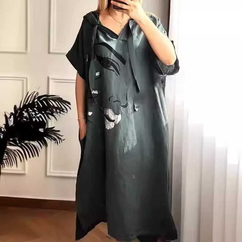 City Breeze: Urban V-Neck Hooded Summer Dress with Pockets