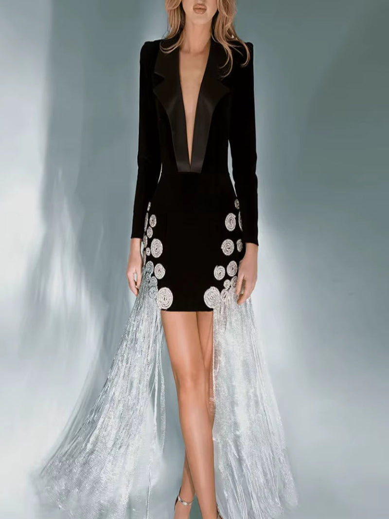 LuxeLink™ Chain Patchwork Mini Dress – Deep V-Neck, High Waist Elegance with Slimming Fit and Long Sleeves