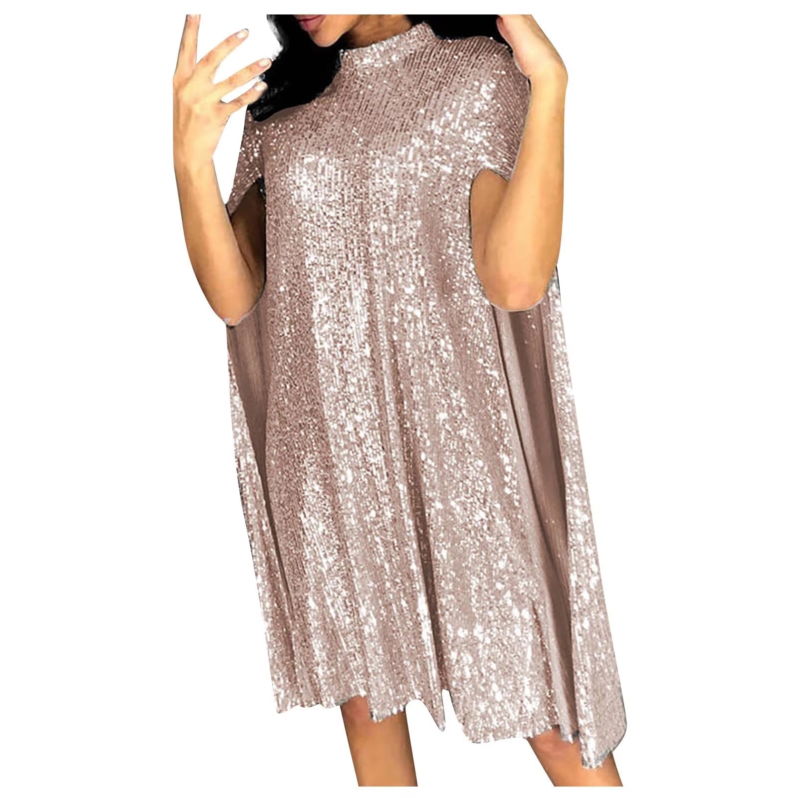 Sequin Party Dresses for Women 2024 Golden Elegant Cloak Sleeve Patchwork Loose Evening Dress Silver Sexy Club Vestidos Female
