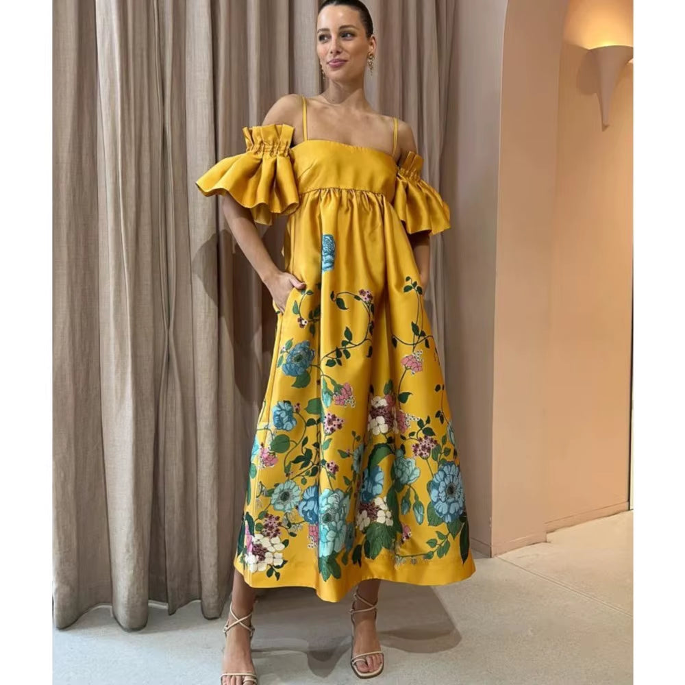 SoleVibe™ 2024 One-Shoulder Vintage Print Dress – Sexy Halter, Hidden Pockets, and Elegant Summer Party Vibes