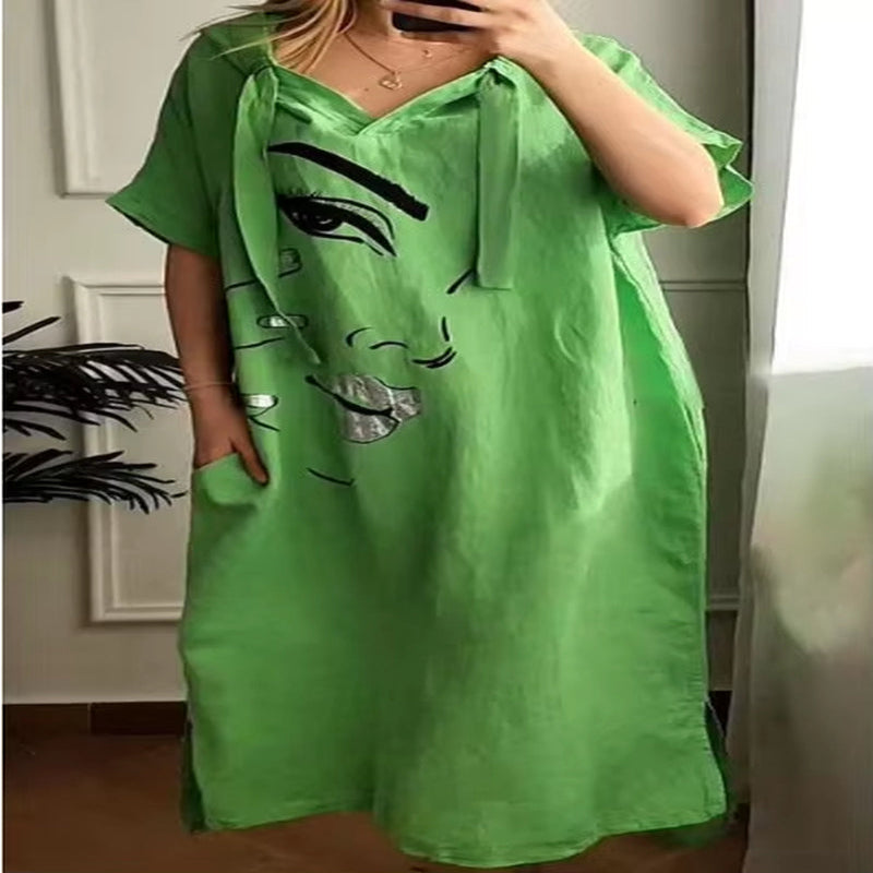 City Breeze: Urban V-Neck Hooded Summer Dress with Pockets