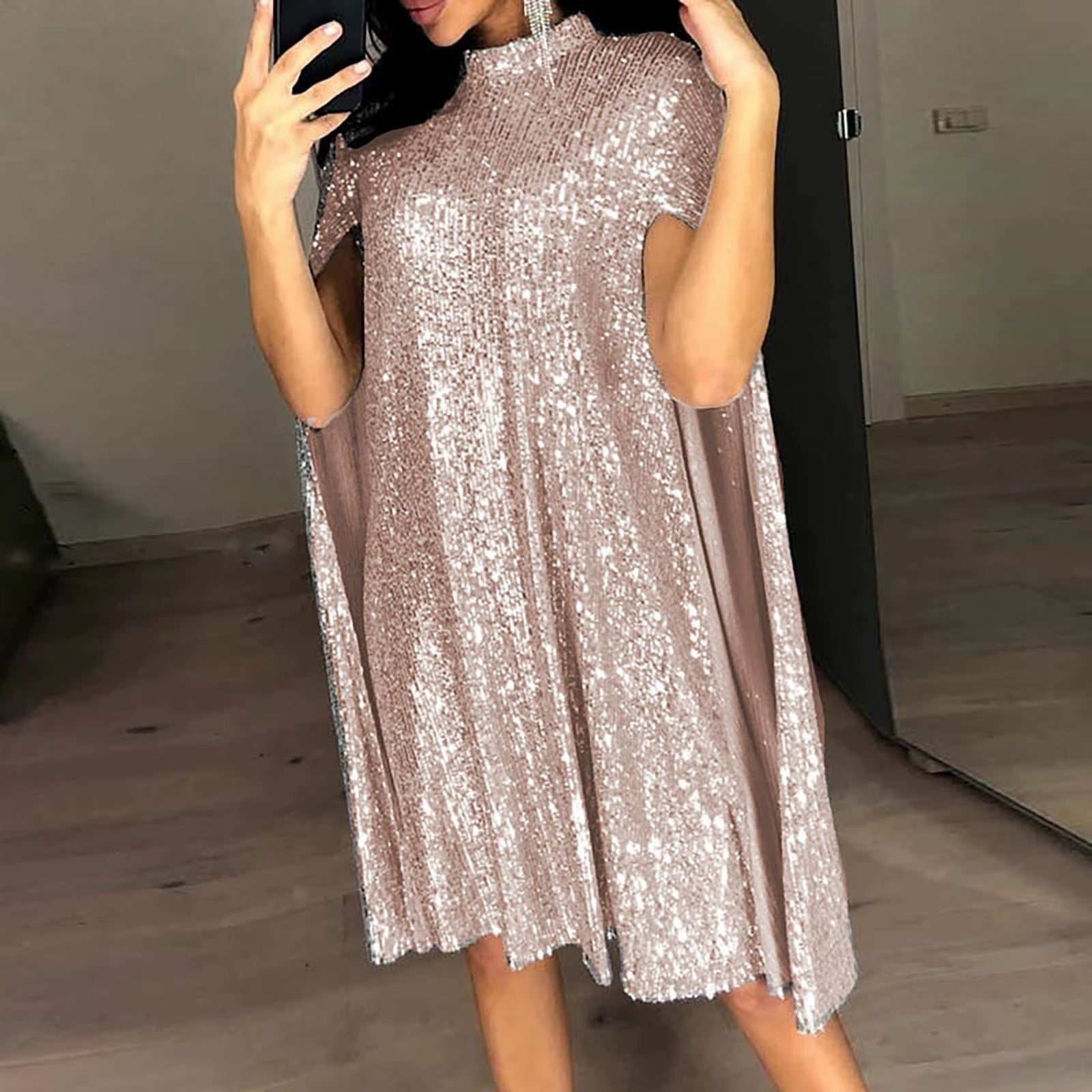 Sequin Party Dresses for Women 2024 Golden Elegant Cloak Sleeve Patchwork Loose Evening Dress Silver Sexy Club Vestidos Female