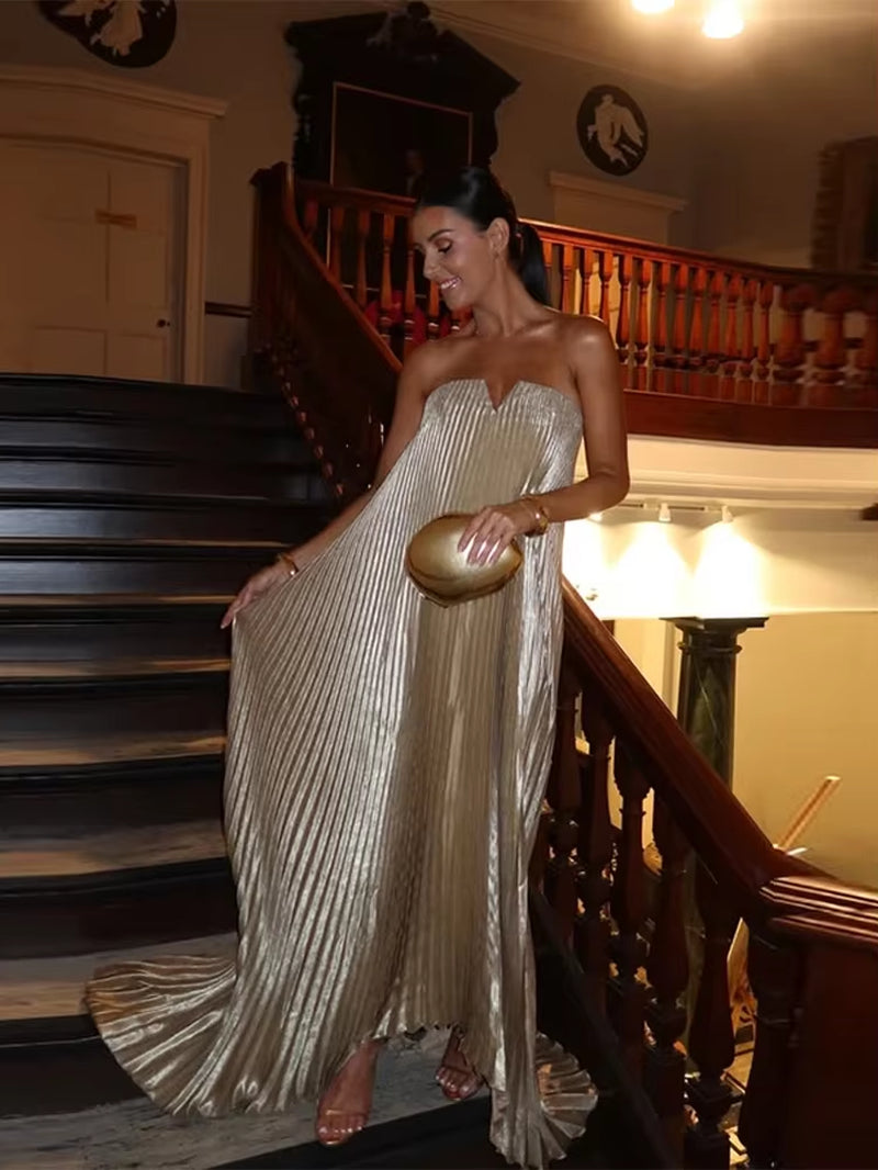 Timeless Grace: Elegant Pleat Long Dress Women Loose Tube Top