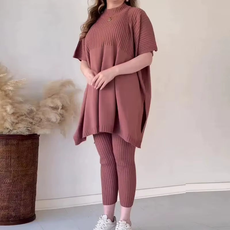 Golden Hour Luxe: Autumn Knit Batwing Top & Casual Pant Set