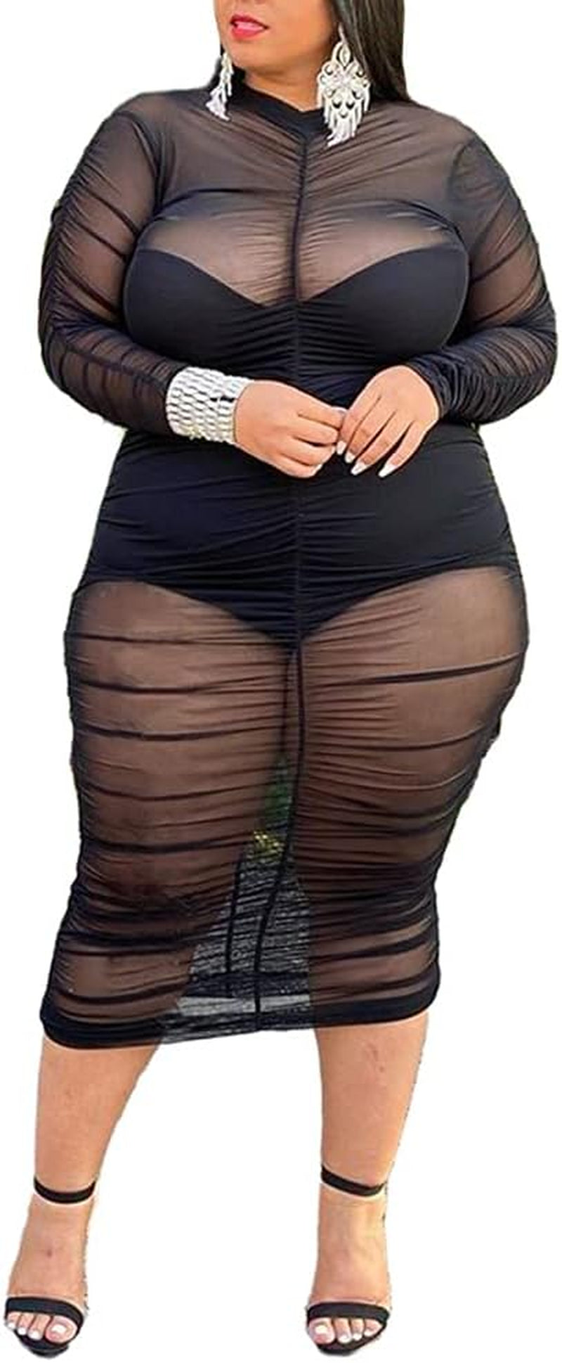 Womens Sexy See through plus Size Long Sleeve Mesh Dress Club Outfit Black XXL