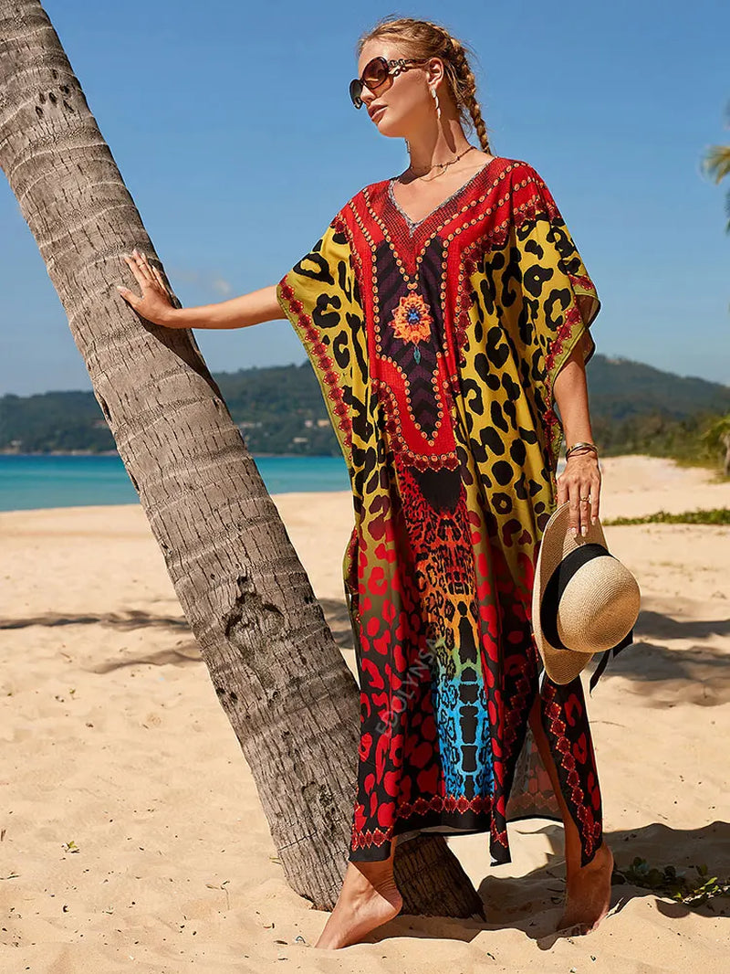 2025 plus Size Multicolored Loose Dress Tunic Women Large Size Beach Wear Kaftan Bohemian Printed Loose Beach Dresses Q1084