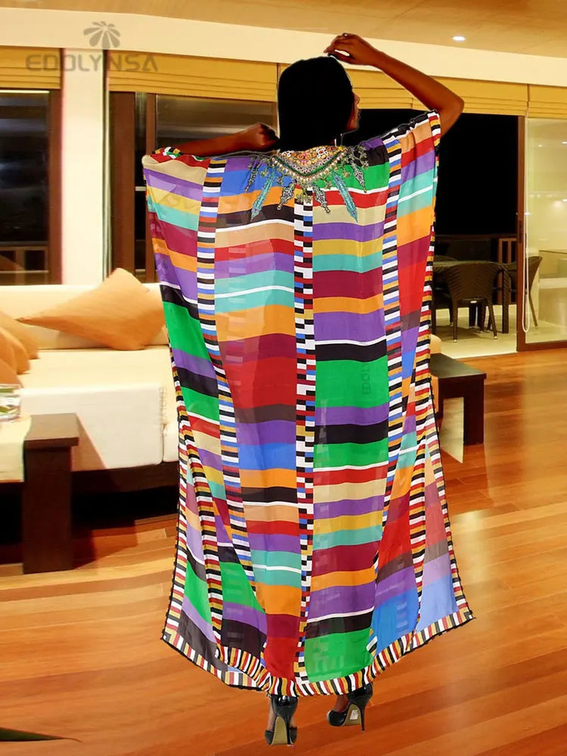 2025 plus Size Multicolored Loose Dress Tunic Women Large Size Beach Wear Kaftan Bohemian Printed Loose Beach Dresses Q1084