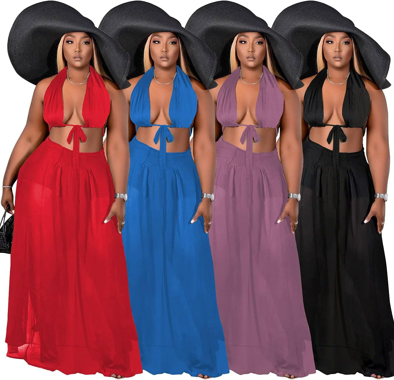 Women Hollow Out Knitted See through 2 Piece Outfits Halter Bandeau Top Long Maxi Skirt Bikini Cover up Blue