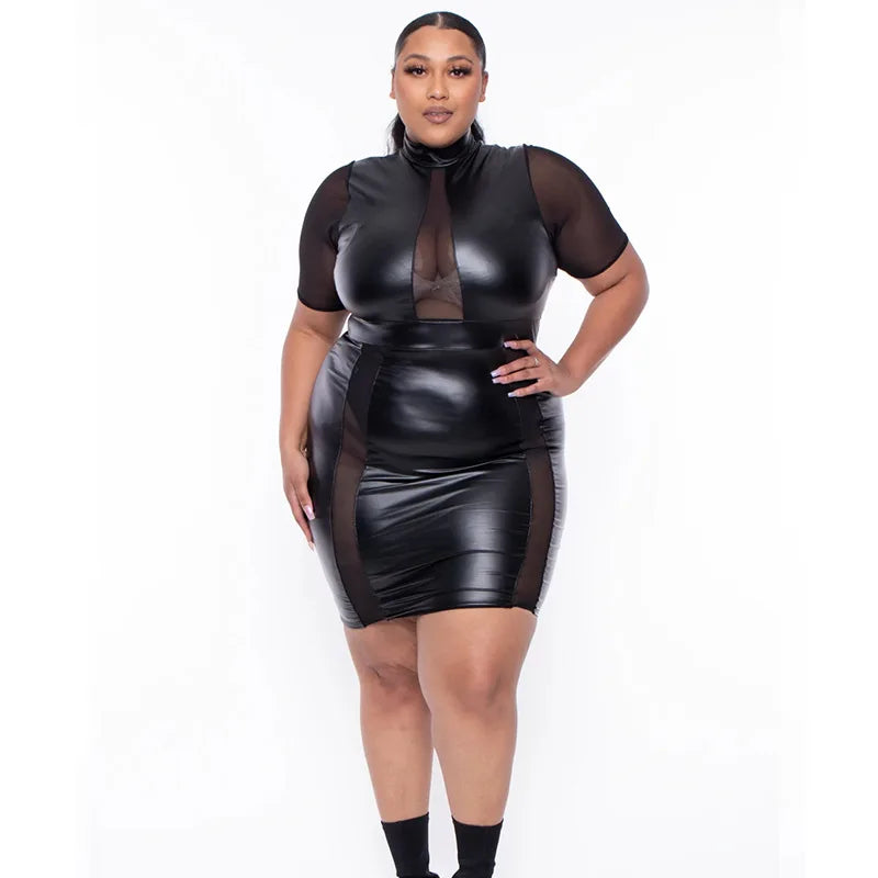 Plus Size Sheer Leather Mini Dress Female Patchwork Mesh Outfit 2023 Women Fashion Elegant Clothing Large Size One Piece Dress