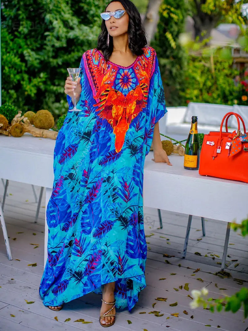 2025 plus Size Multicolored Loose Dress Tunic Women Large Size Beach Wear Kaftan Bohemian Printed Loose Beach Dresses Q1084