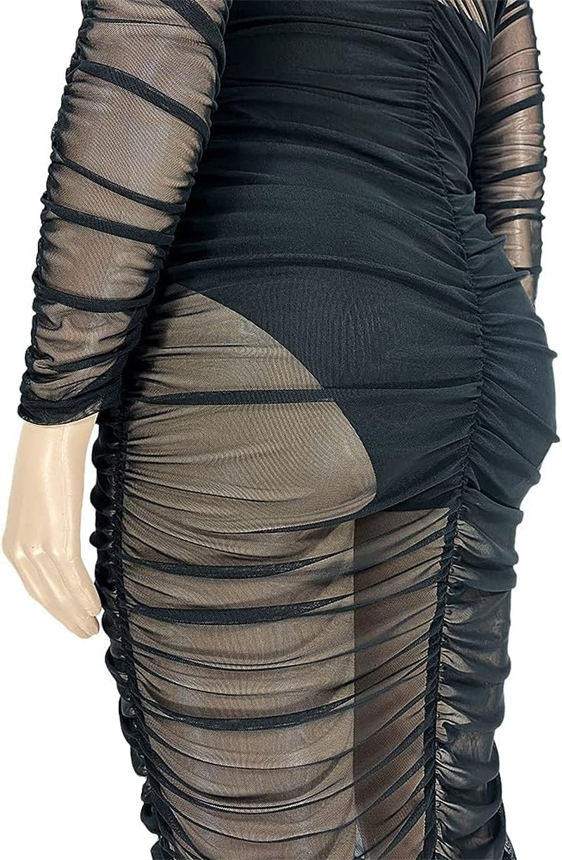 Womens Sexy See through plus Size Long Sleeve Mesh Dress Club Outfit Black XXL