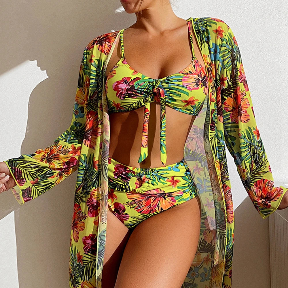 Bikini 2025 Women 11 Colors Sexy High Waist Bikini 3 Pieces Floral Print Swimsuit with Mesh Long-Sleeved Blouse Brazilian Bikini