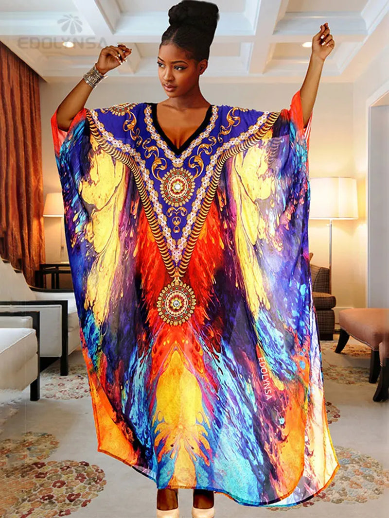 2025 plus Size Multicolored Loose Dress Tunic Women Large Size Beach Wear Kaftan Bohemian Printed Loose Beach Dresses Q1084