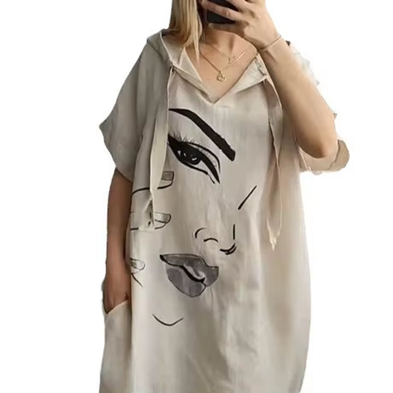 City Breeze: Urban V-Neck Hooded Summer Dress with Pockets