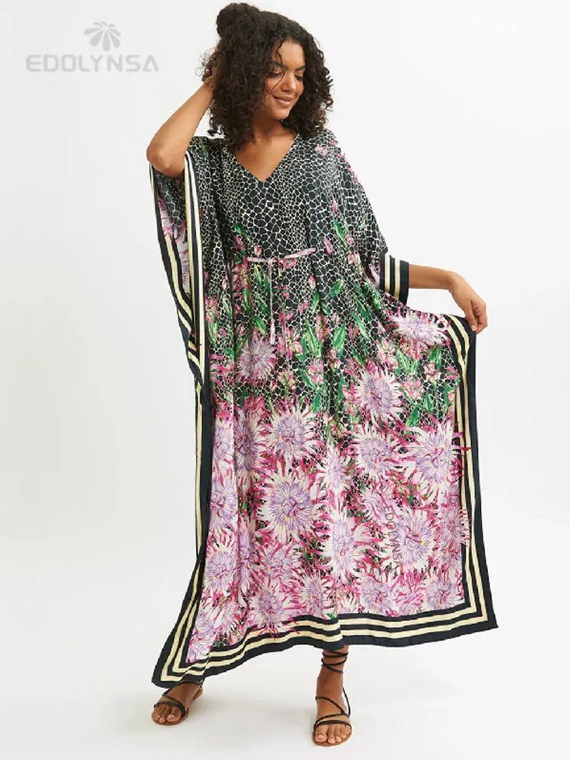 2025 plus Size Multicolored Loose Dress Tunic Women Large Size Beach Wear Kaftan Bohemian Printed Loose Beach Dresses Q1084