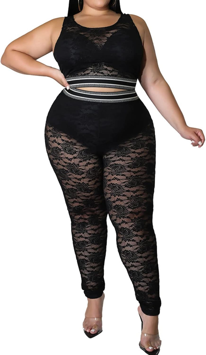 Women plus Size Sexy Two Piece Mesh Bodycon Jumpsuit Lace Crop Tops See through Skinny Long Pants Club Jumpsuit Black L