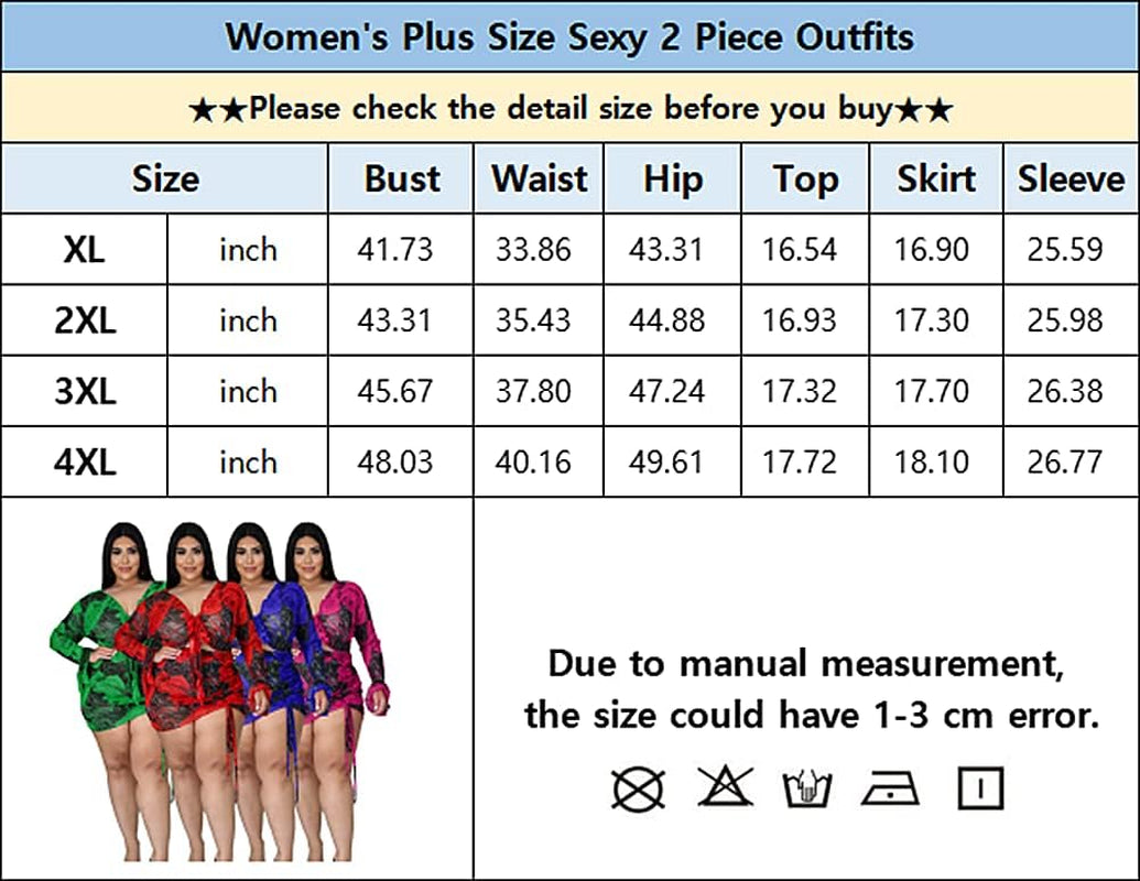 Plus Size Sexy 2 Piece Outfits for Women See through Mesh V Neck Floral Print Crop Top Skirt Set Beach Coverup Clubwear