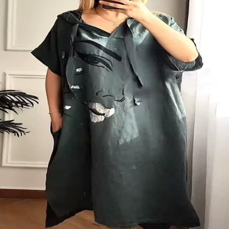 City Breeze: Urban V-Neck Hooded Summer Dress with Pockets