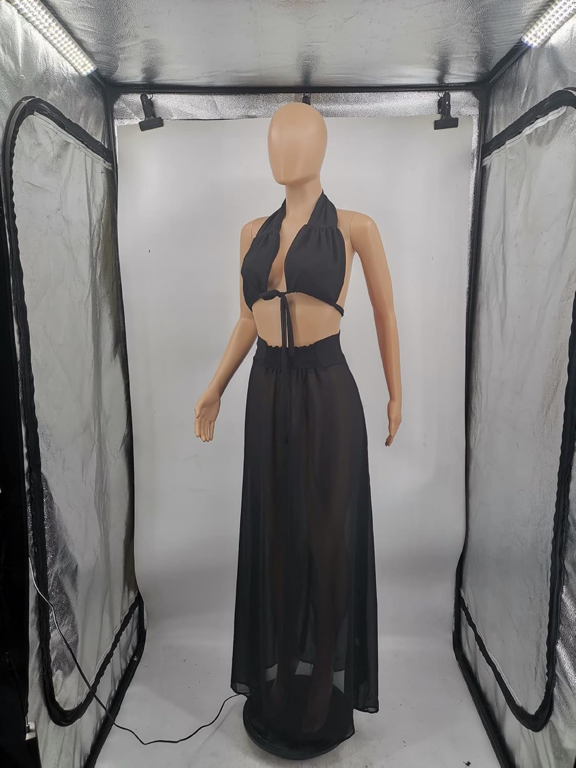 Women Hollow Out Knitted See through 2 Piece Outfits Halter Bandeau Top Long Maxi Skirt Bikini Cover up Blue