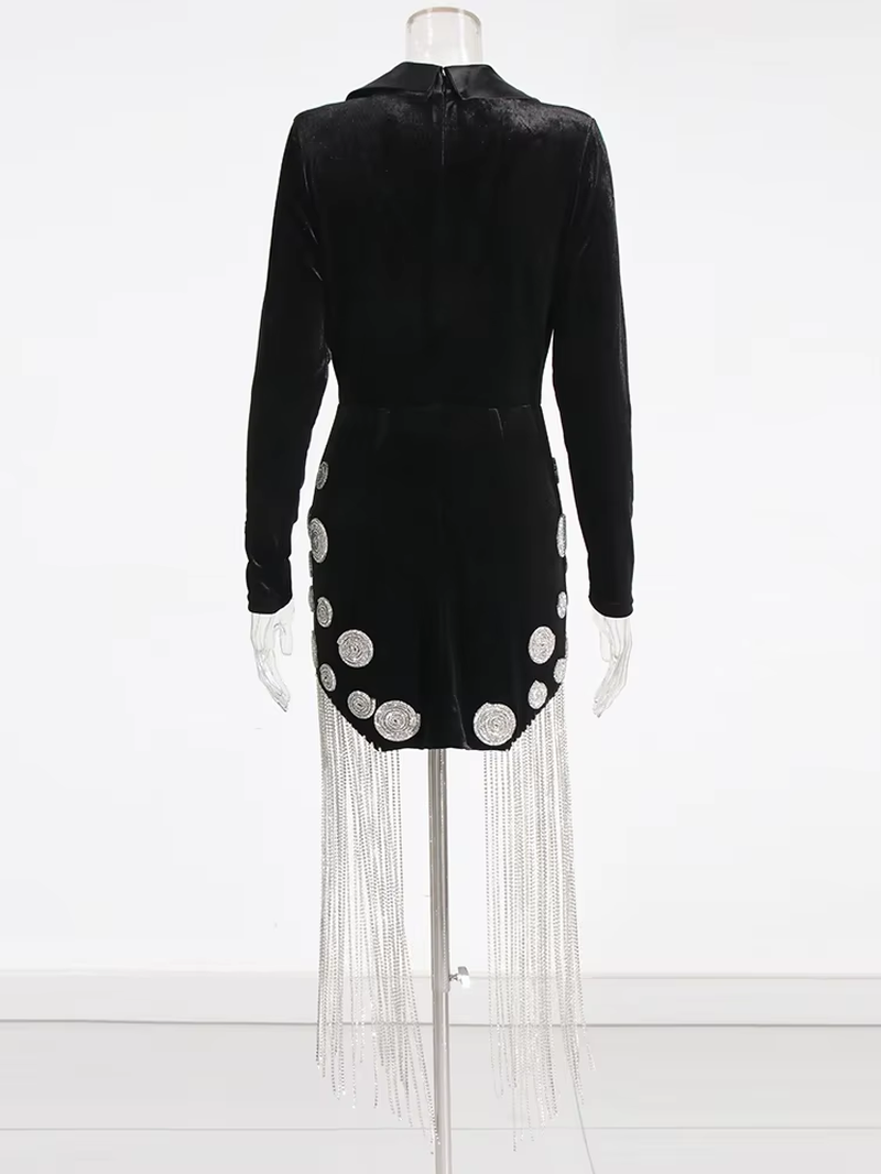 LuxeLink™ Chain Patchwork Mini Dress – Deep V-Neck, High Waist Elegance with Slimming Fit and Long Sleeves