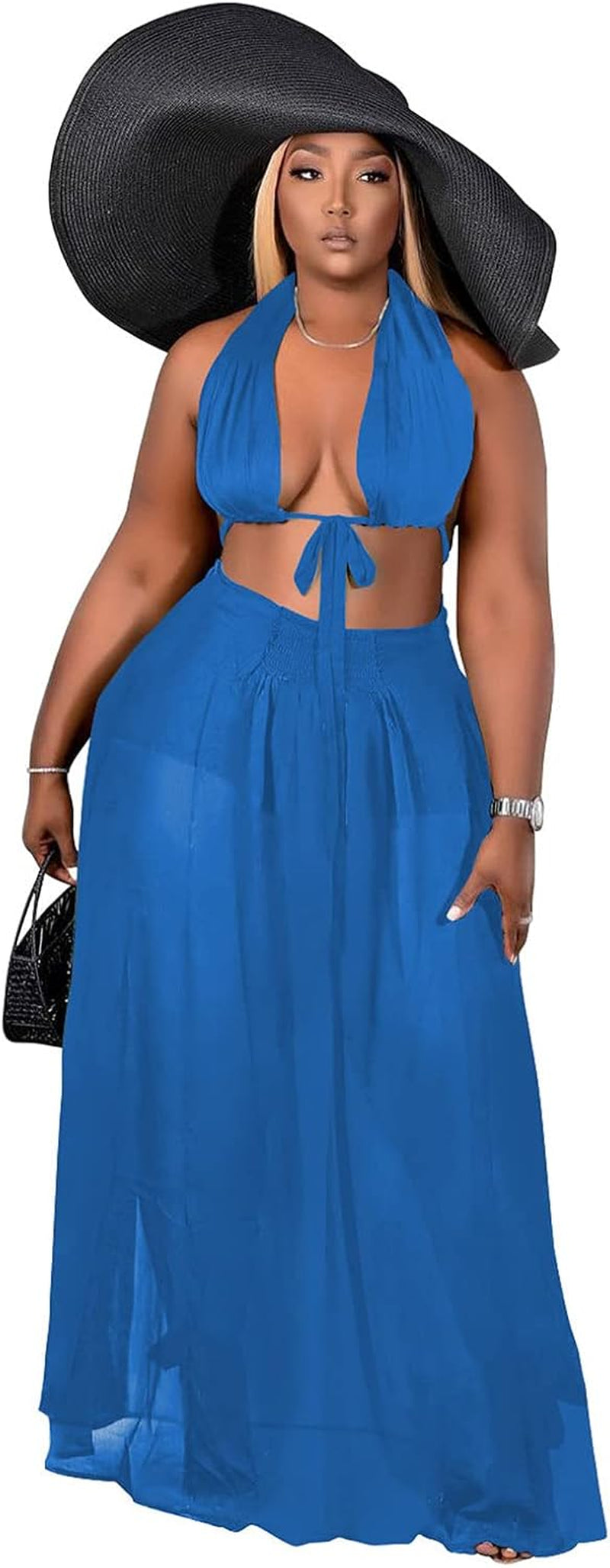Women Hollow Out Knitted See through 2 Piece Outfits Halter Bandeau Top Long Maxi Skirt Bikini Cover up Blue