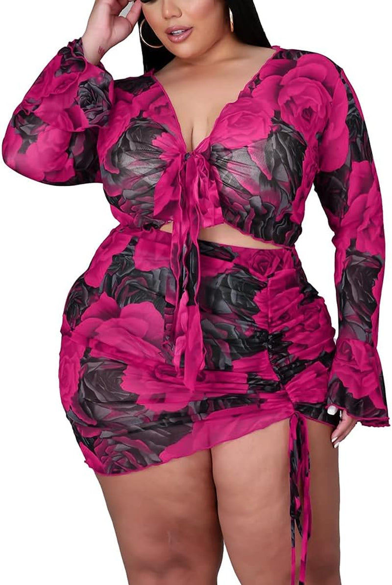 Plus Size Sexy 2 Piece Outfits for Women See through Mesh V Neck Floral Print Crop Top Skirt Set Beach Coverup Clubwear