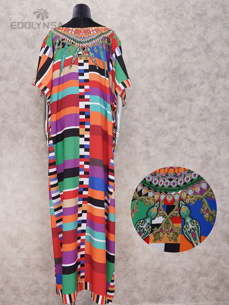 2025 plus Size Multicolored Loose Dress Tunic Women Large Size Beach Wear Kaftan Bohemian Printed Loose Beach Dresses Q1084