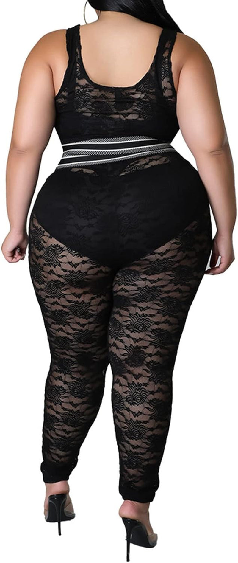 Women plus Size Sexy Two Piece Mesh Bodycon Jumpsuit Lace Crop Tops See through Skinny Long Pants Club Jumpsuit Black L