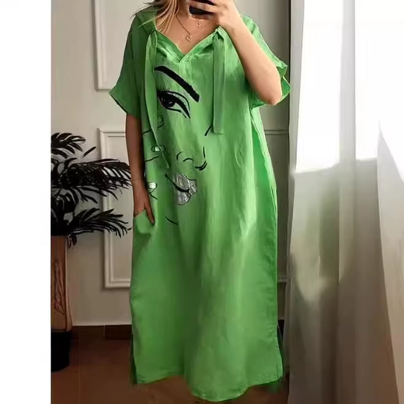 City Breeze: Urban V-Neck Hooded Summer Dress with Pockets