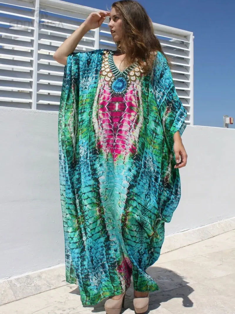 2025 plus Size Multicolored Loose Dress Tunic Women Large Size Beach Wear Kaftan Bohemian Printed Loose Beach Dresses Q1084