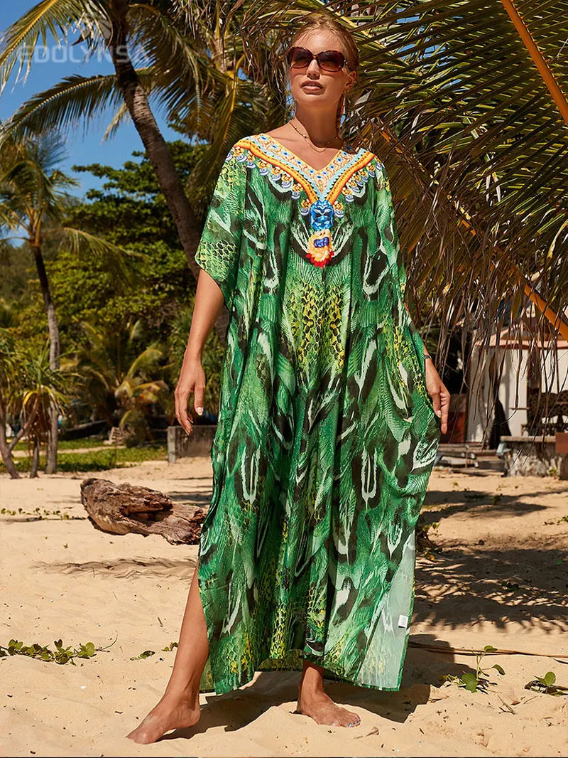 2025 plus Size Multicolored Loose Dress Tunic Women Large Size Beach Wear Kaftan Bohemian Printed Loose Beach Dresses Q1084