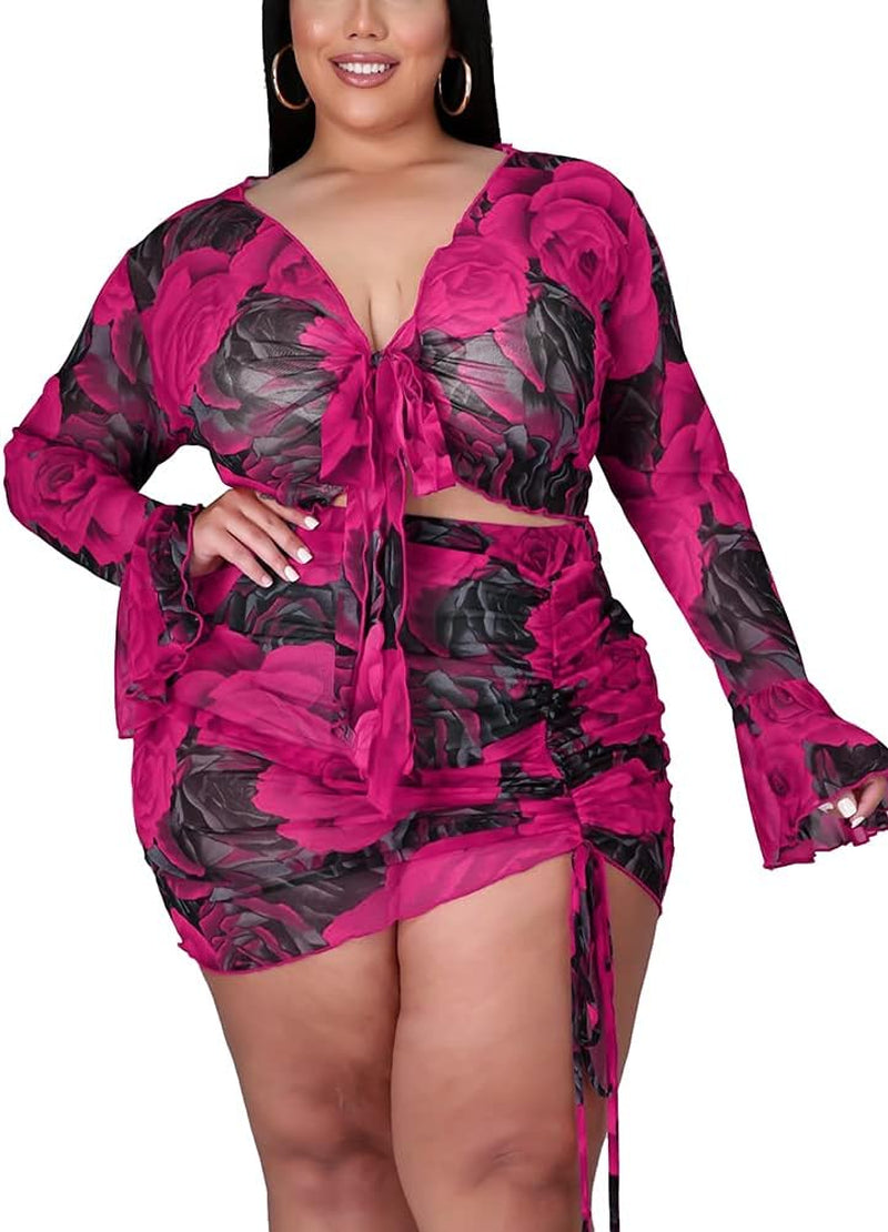Plus Size Sexy 2 Piece Outfits for Women See through Mesh V Neck Floral Print Crop Top Skirt Set Beach Coverup Clubwear