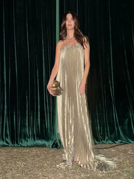 Timeless Grace: Elegant Pleat Long Dress Women Loose Tube Top