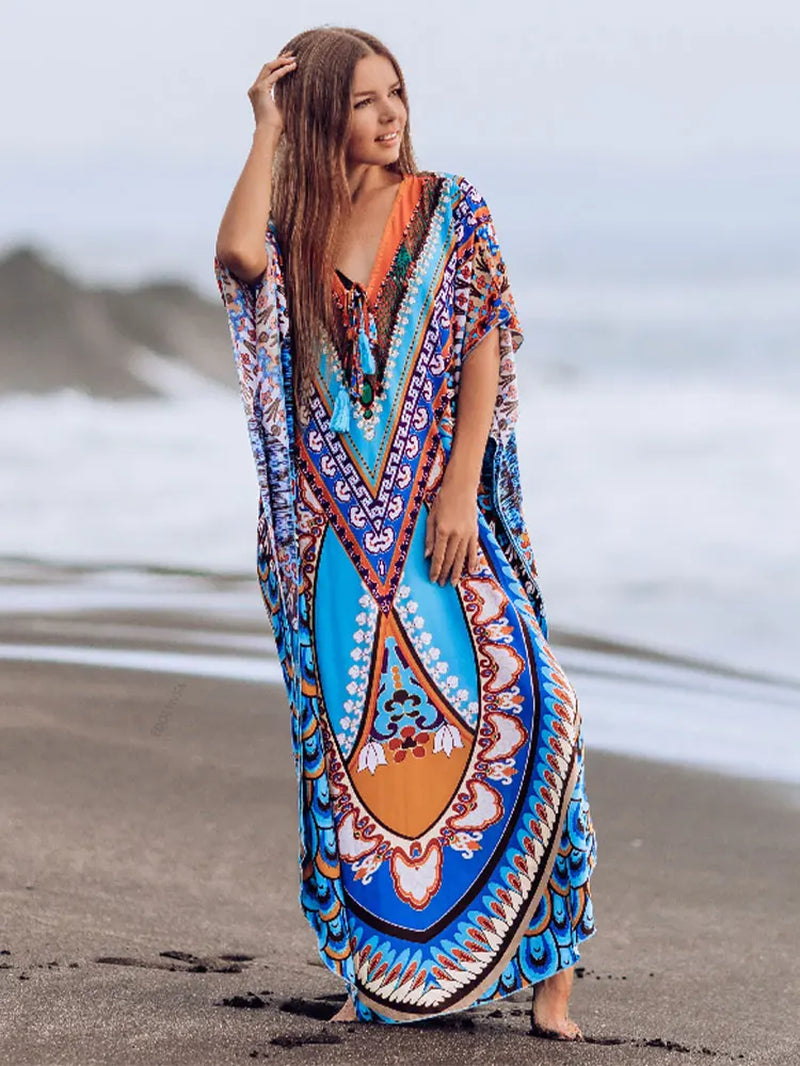 2025 plus Size Multicolored Loose Dress Tunic Women Large Size Beach Wear Kaftan Bohemian Printed Loose Beach Dresses Q1084