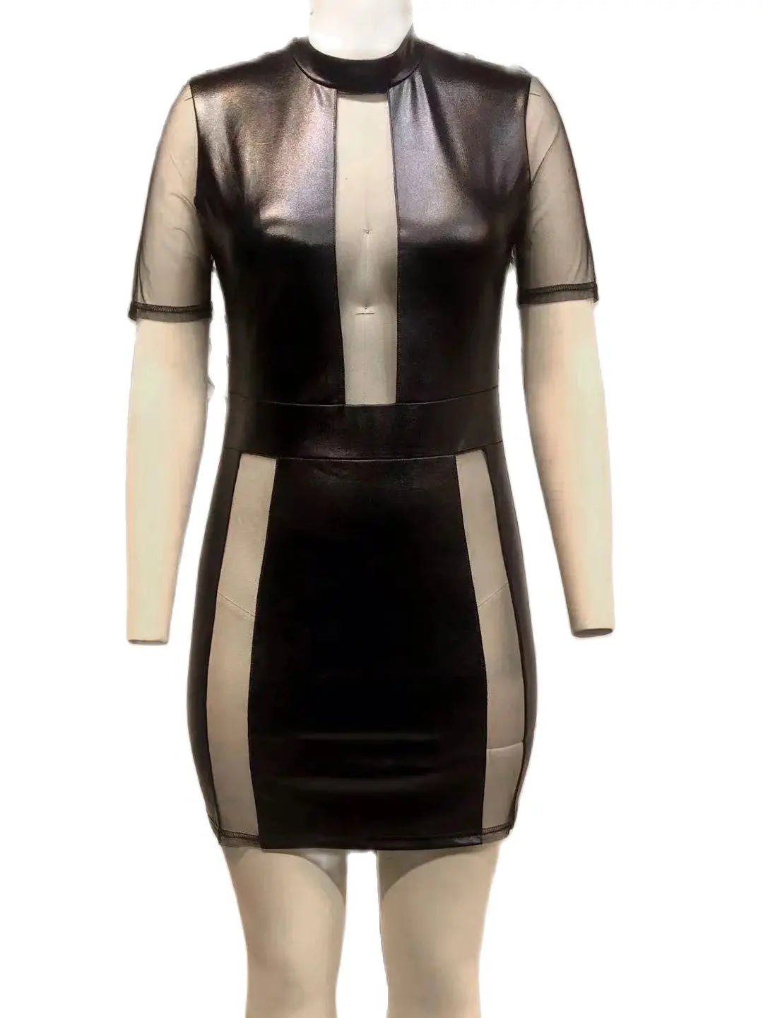 Plus Size Sheer Leather Mini Dress Female Patchwork Mesh Outfit 2023 Women Fashion Elegant Clothing Large Size One Piece Dress