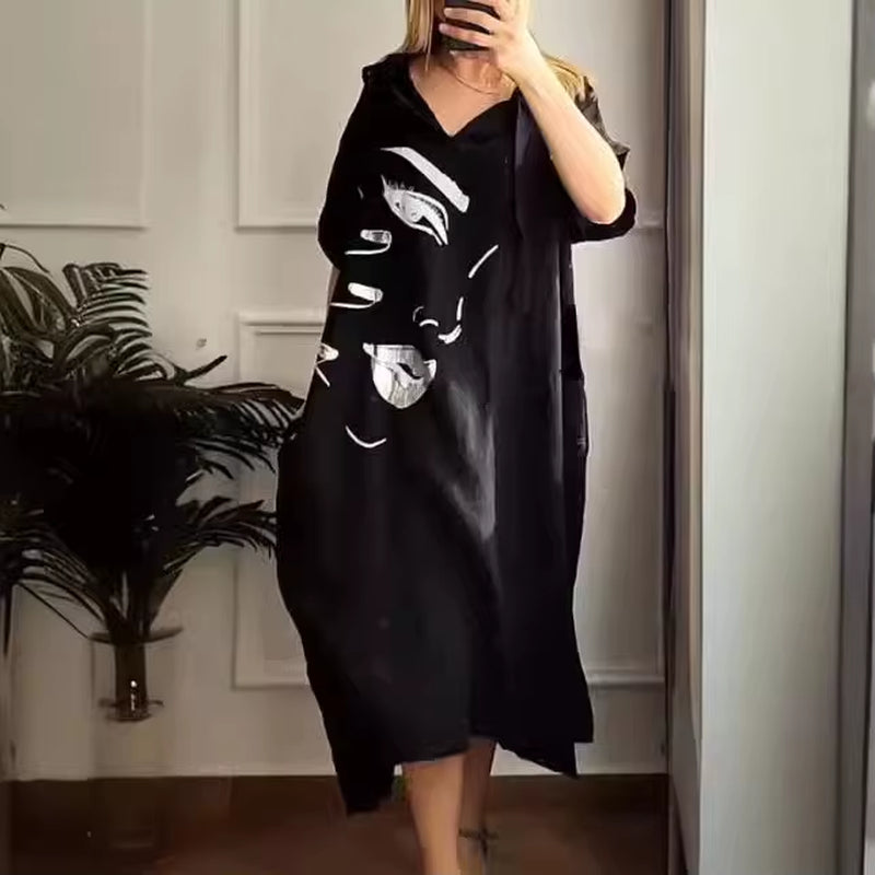 City Breeze: Urban V-Neck Hooded Summer Dress with Pockets