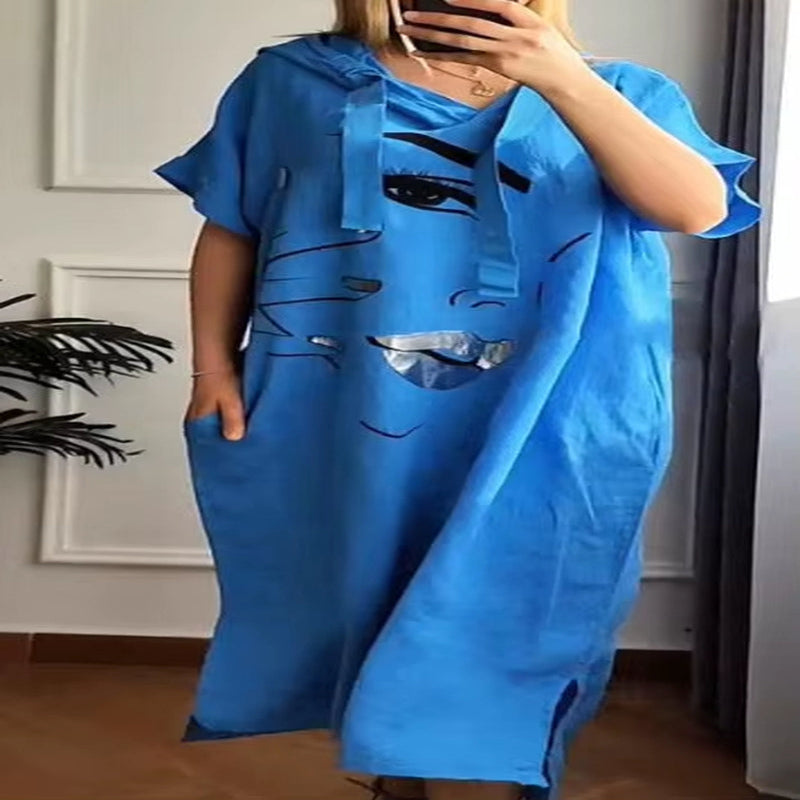 City Breeze: Urban V-Neck Hooded Summer Dress with Pockets