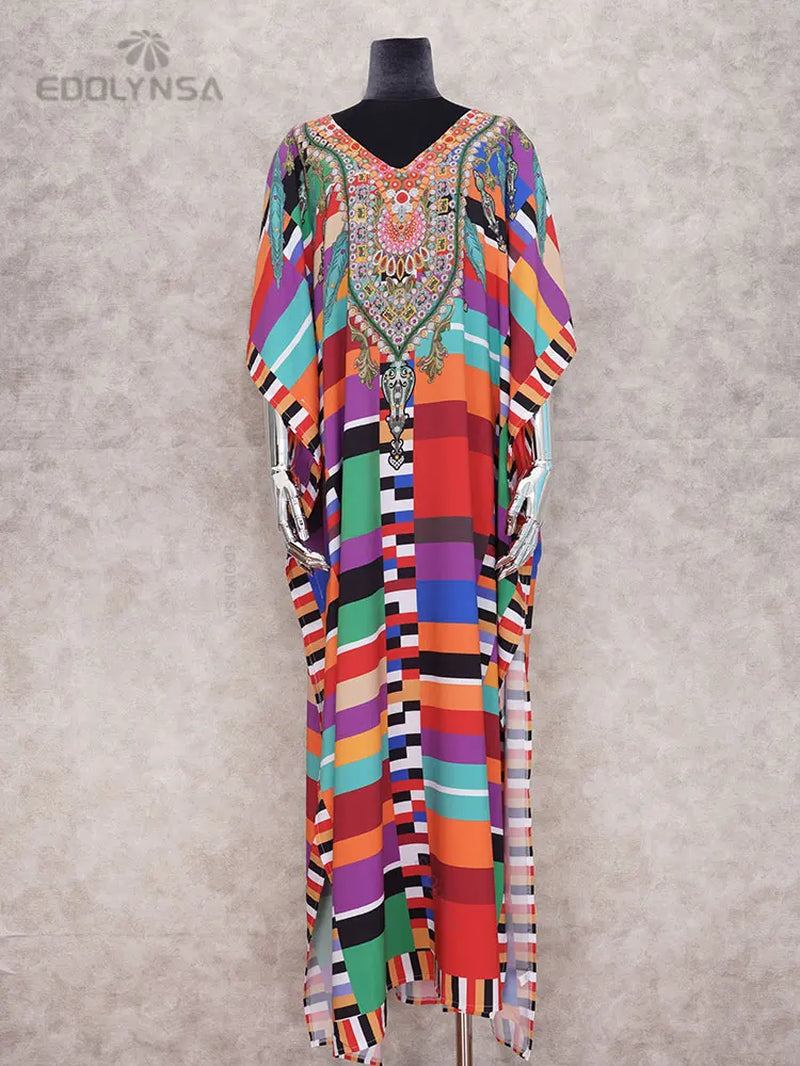 2025 plus Size Multicolored Loose Dress Tunic Women Large Size Beach Wear Kaftan Bohemian Printed Loose Beach Dresses Q1084