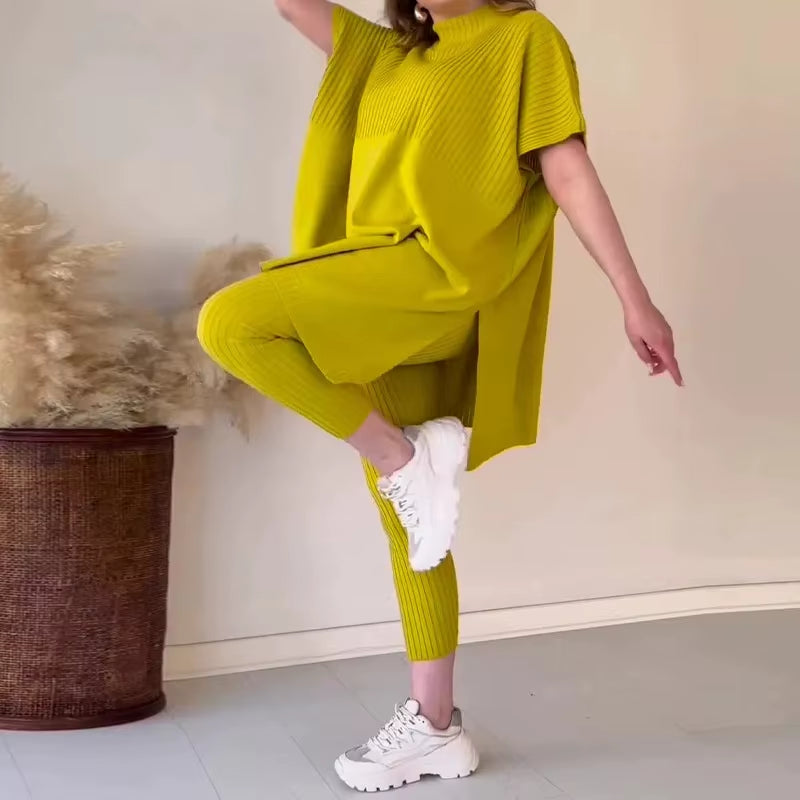 Golden Hour Luxe: Autumn Knit Batwing Top & Casual Pant Set