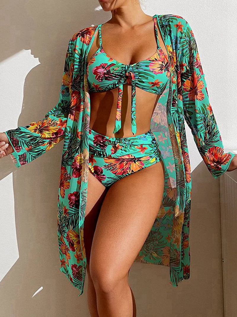 Bikini 2025 Women 11 Colors Sexy High Waist Bikini 3 Pieces Floral Print Swimsuit with Mesh Long-Sleeved Blouse Brazilian Bikini