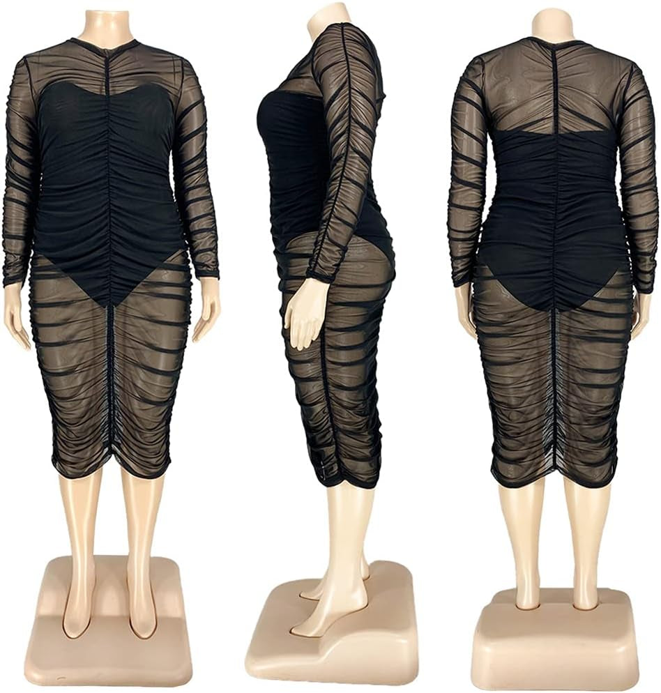 Womens Sexy See through plus Size Long Sleeve Mesh Dress Club Outfit Black XXL