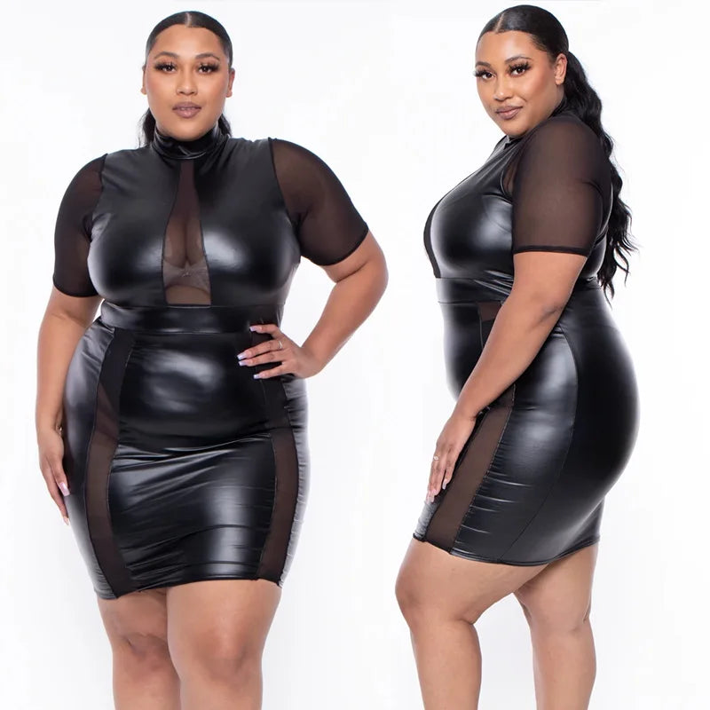 Plus Size Sheer Leather Mini Dress Female Patchwork Mesh Outfit 2023 Women Fashion Elegant Clothing Large Size One Piece Dress