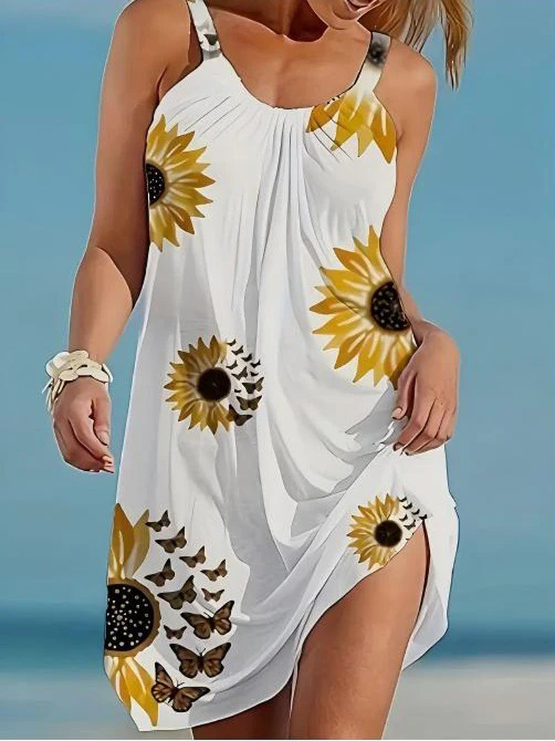 Plus Size Sleeveless Suspender Sunflower Print Women'S Casual Dress