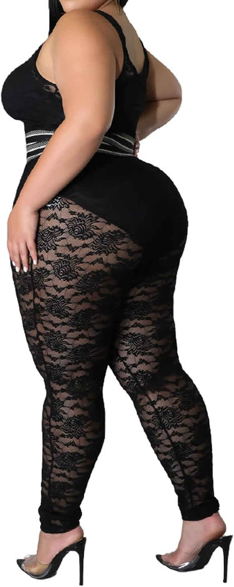 Women plus Size Sexy Two Piece Mesh Bodycon Jumpsuit Lace Crop Tops See through Skinny Long Pants Club Jumpsuit Black L