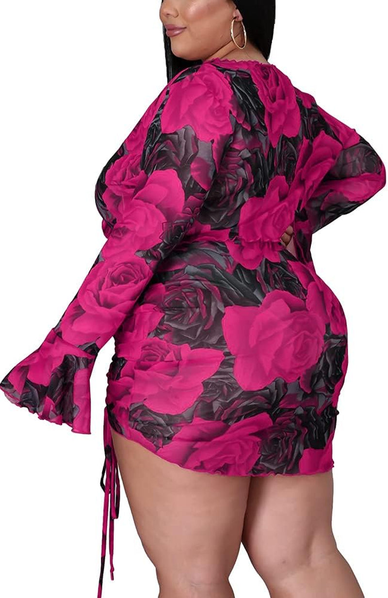 Plus Size Sexy 2 Piece Outfits for Women See through Mesh V Neck Floral Print Crop Top Skirt Set Beach Coverup Clubwear