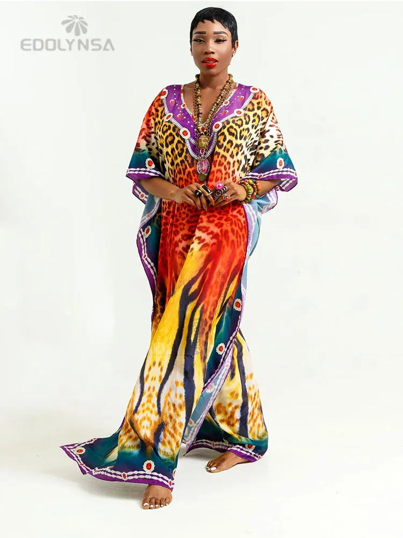 2025 plus Size Multicolored Loose Dress Tunic Women Large Size Beach Wear Kaftan Bohemian Printed Loose Beach Dresses Q1084